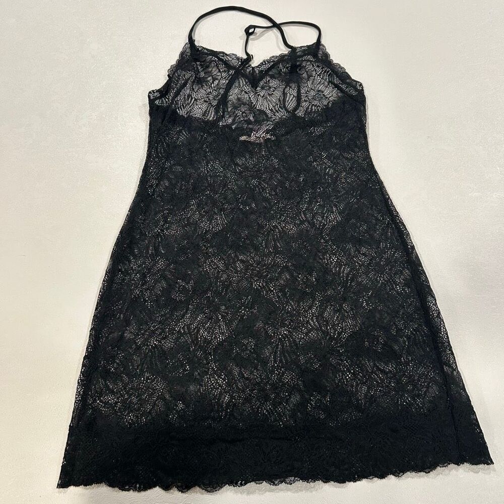 Victoria’s Secret Black Lace Slip Dress Medium Sheer Lingerie Adjustable Straps